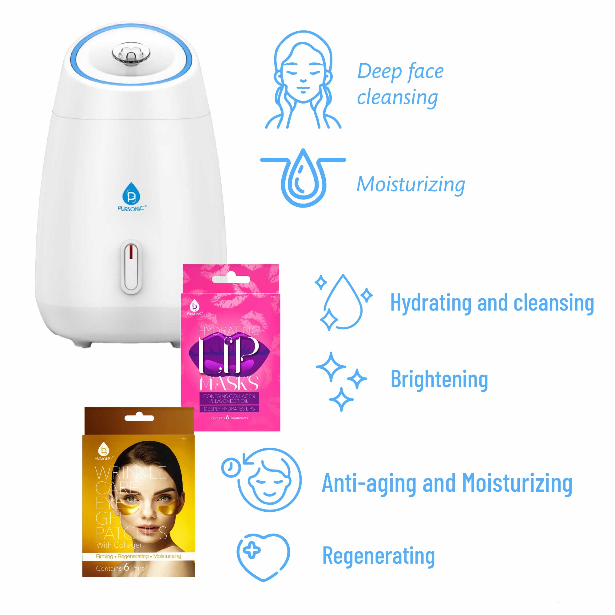 Pursonic Deluxe Facial Steamer with 6 Soothing Eye Masks & 6